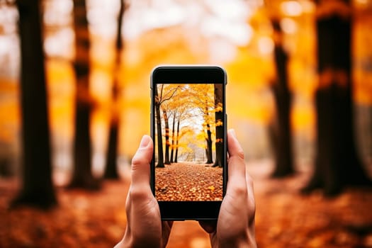Photography autumn park on the phone in her hands. AI generated