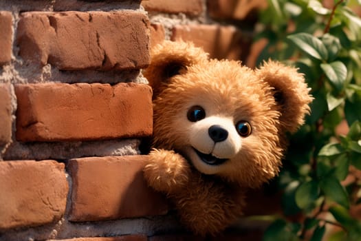 A funny bear doll peeks out from behind an old red brick wall. AI generated
