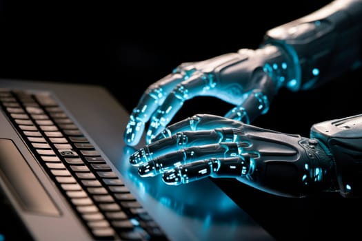 Robot typing on a laptop keyboard. Artificial intelligence writing code. Chat bot. AI generated