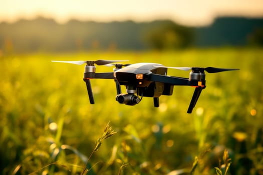 Flying drone above the farmland field. Using drone in agriculture. AI generated