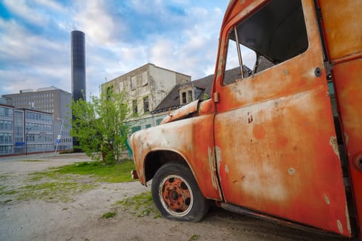 Old and broken  ambulance car used as an art object