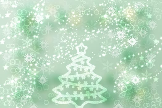 Christmas card template. Abstract christmas tree with snowflakes on green winter xmas or New Year background texture with blurred bokeh lights, stars. Space. Beautiful backdrop.