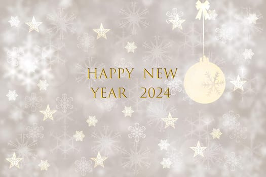 Merry Christmas and Happy New Year 2024 card background texture design with abstract blurred festive beige and yellow bokeh lighted glittering snowflakes and stars.