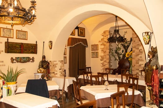Sicily, Taormina, Italy - 28 Sep 2023. Ristorante Pizzeria Taormina. A lovely pizza, pasta and seafood restaurant in the centre of Taormina with views of the sea. Interior.