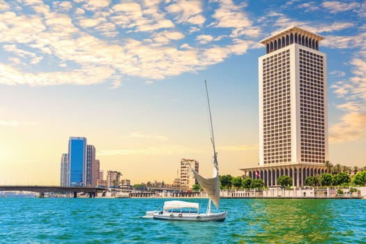Boat in the Nile river by the bank of Cairo, Egypt.