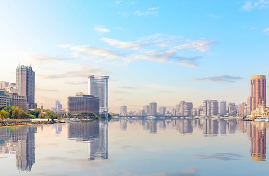 Marvelous view of the Nile and skyscrapers of Cairo downtown, Egypt.