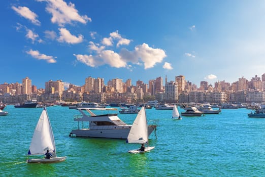 Boats and yachts in the harbor of Alexandria, Mediterranean coast of Egypt.