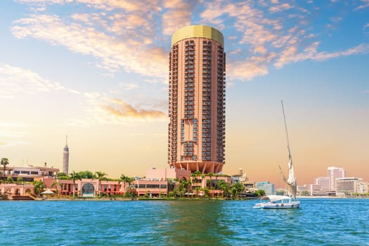 Wonderful view of the Nile bank, boats and hotels of Cairo, Egypt.