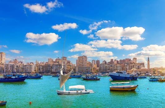 Boats and harbour area of old port of Alexandria, Egypt.