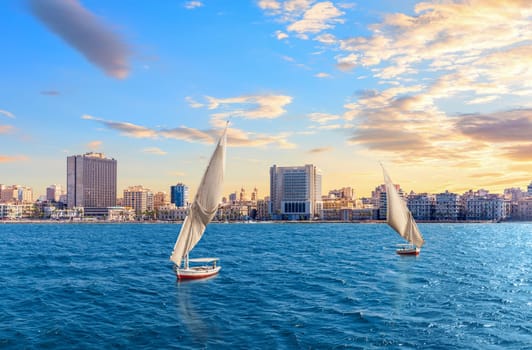 Skyline of Alexandria and the Mediterranean seacoast of Egypt.