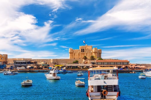 The Fort of Qaitbay, fortress built on the exact site of the famous Lighthouse of Alexandria on the sea, Egypt.