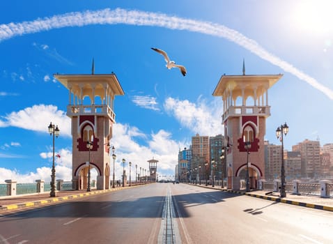 Stanley Bridge of Alexandria, view on the famous towers on the promenade, Egypt.