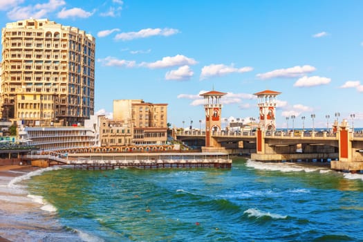 Stanley Bridge on the promenade of Alexandria, exclusive view, Egypt.