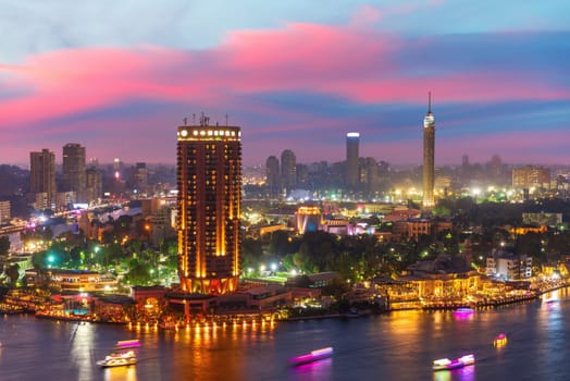 Sunset sky in the beautiful evening view of the Nile and Cairo, Egypt.
