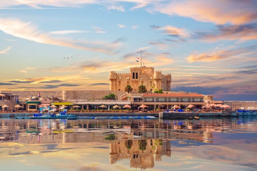 View of the Citadel of Qaitbay and beautiful Mediterranean sea coast in Alexandria, Egypt.