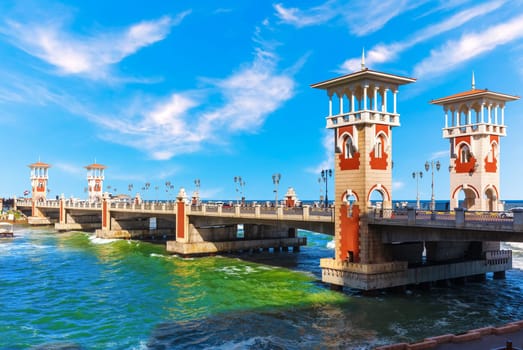 Famous Stanley Bridge on the promenade of Alexandria, view on the famous towers, Egypt.