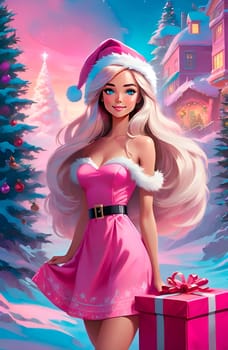 Beautiful girl in pink dress and Santa Claus hat with gift box near Christmas tree. Christmas and holiday concept, perfect for greeting cards. Barbie style. AI generated