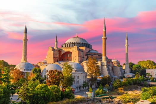 Hagia Sophia Mosque of Istanbul, impressive sunset scenery of the capital of Turkey.
