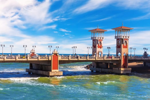 Stanley Bridge in Alexandria, beautiful view from the sea harbour, Egypt.