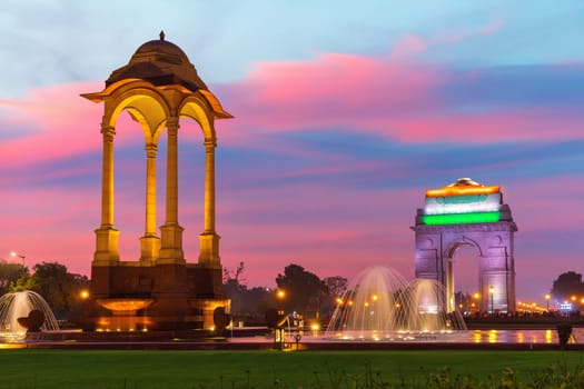 The Canopy and the India Gate in night illumination, New Delhi.