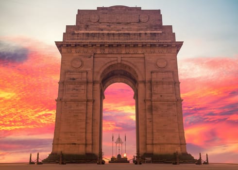 India Gate in sunset lights, famous landmark of New Delhi, no people.