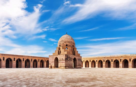 Inner yard and ablution fountain of the Ibn Tulun Mosque in Cairo, Egypt.
