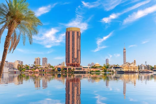Nile banks and the main landmarks in the central part of Cairo, Egypt.