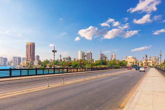 Modern bridge over the Nile in the popular central district of Cairo, Egypt.