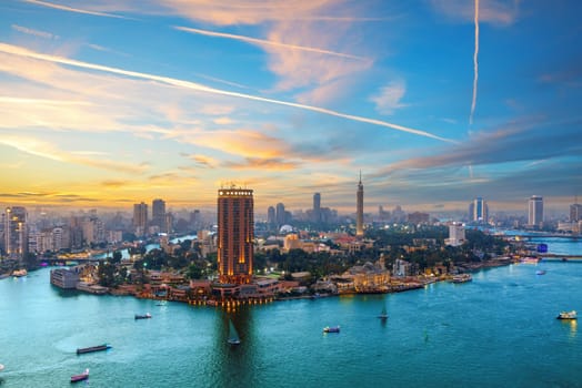 Exclusive aerial view of the Nile and downtown island of Cairo, Egypt.