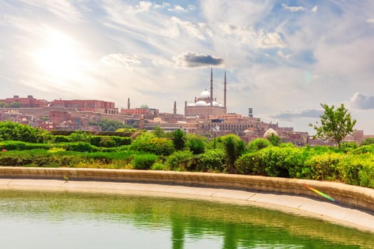 Wonderful Al-Azhar Park and view on the famous Citadel of Cairo, Egypt.