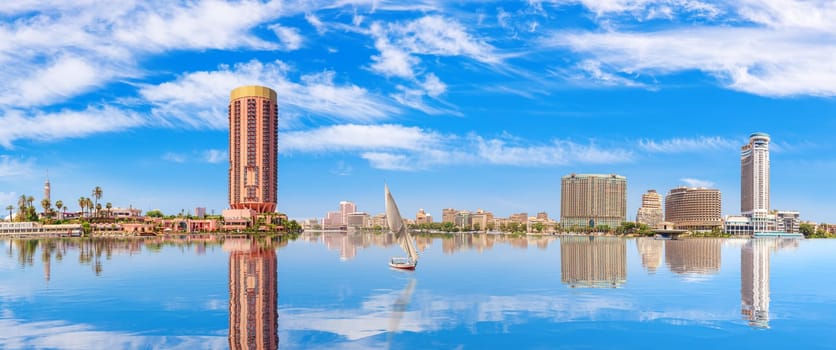 Nile river full panorama, view on the most famous district of Cairo, Egypt.