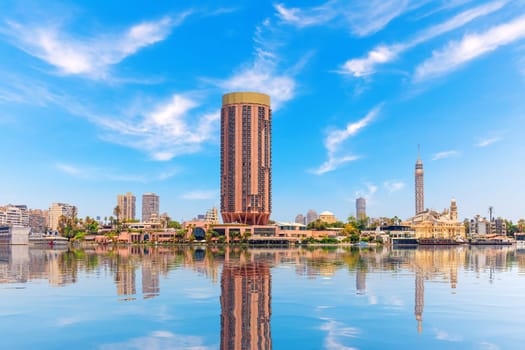 Nile banks and the main landmarks in the central part of Cairo, Egypt.