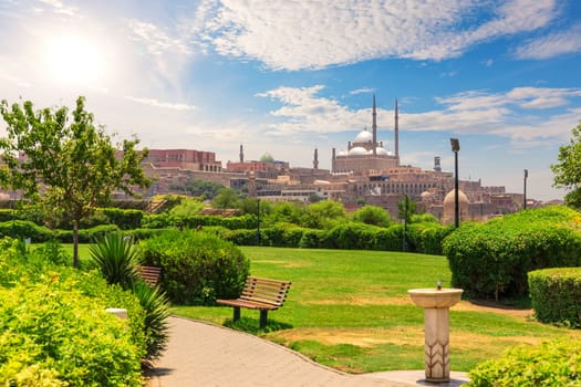 Beautiful park view on the Citadel and most famous Mosque of Cairo, Egypt.
