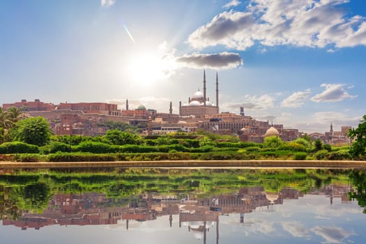Beautiful scenery of Cairo park and the Great Mosque of Muhammad Ali Pasha, Egypt.
