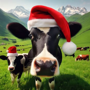 comical image of cow in the field wearing santa hat generative ai