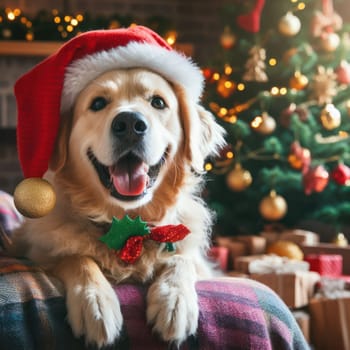 golden retriever dog wearing santa hat amongst the gifts at christmas time generative ai