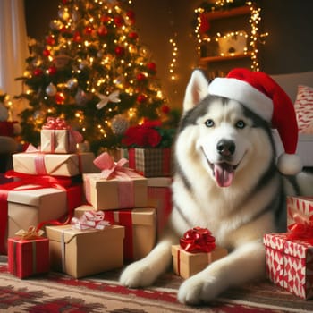 husky dog wearing santa hat amongst the gifts at christmas time generative ai