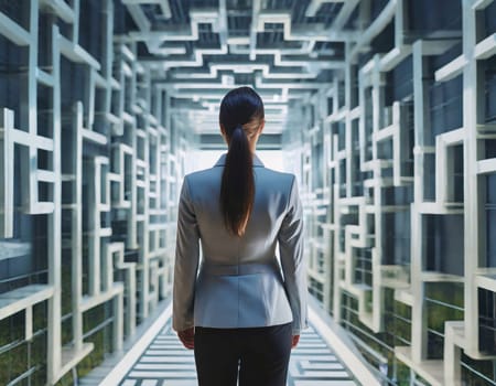 business person stops and thinks about strategy before a complicated maze concept generative ai