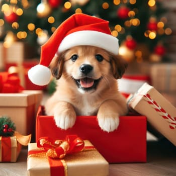 very cute little puppy wearing a santa hat amongst the presents at christmas generative ai