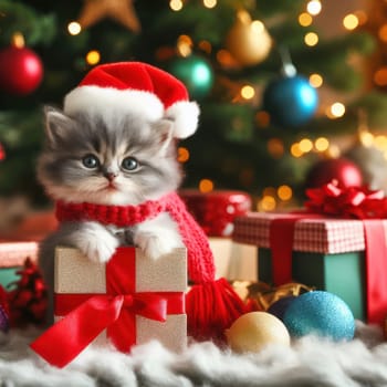 cute kitten wearing santa hat in the gifts and presents at christmas generative ai