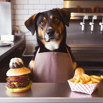 dog server in fast food restaurant gives you your burger order generative ai