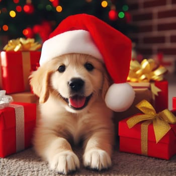 very cute little puppy wearing a santa hat amongst the presents at christmas generative ai