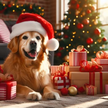 gorgeous dog wearing santa hat amongst the gifts at christmas time generative ai