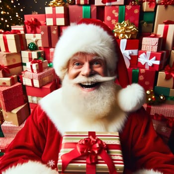 very happy santa claus is surrounded by gifts and presents generative ai
