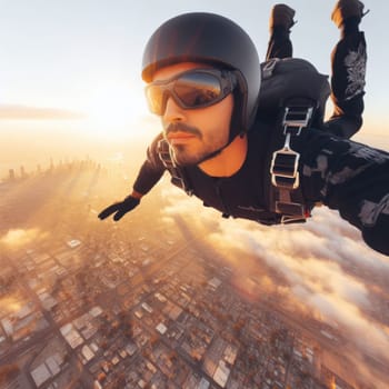 close up selfie of person skydiving above a city generative ai