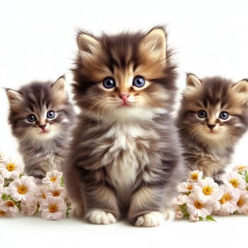 three adorable fluffy kittens in a white studio shot with flowers generative ai