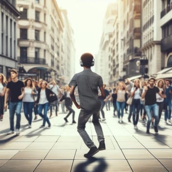 teenage boy listening to music on headphones and dancing in the street generative ai