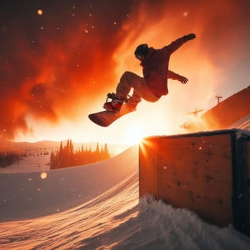 person jumping with their snowboard in the snow at sunset generative ai