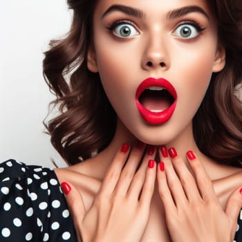 pretty woman in a poka dot dress and bright lipstick is surprised generative ai