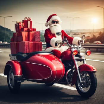 santa claus on a red motorbike with gifts and presents in the sidecar generative ai
